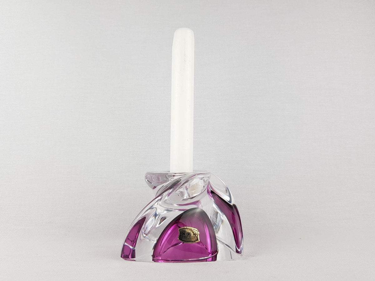 Vintage VAL ST. LAMBERT Fuchsia Crystal Swirl Glass Candle Holder Belgium 1950s 1960s