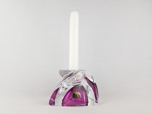 Vintage VAL ST. LAMBERT Fuchsia Crystal Swirl Glass Candle Holder Belgium 1950s 1960s