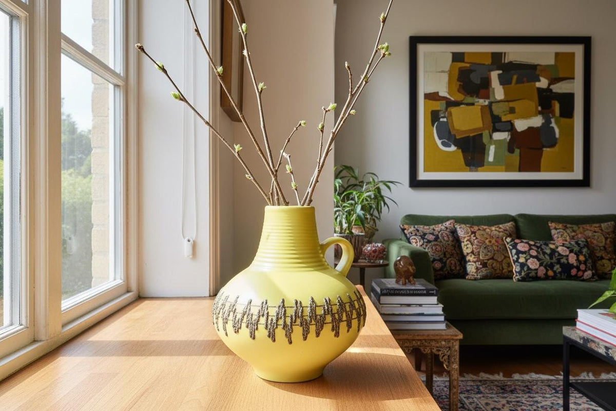 Vintage FOHR KERAMIK Handled Yellow Glazed Vase With Black Fat Lava 411 24 West German Pottery 1970s