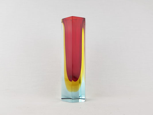 Vintage MURANO SOMMERSO GLASS Red and Yellow Prism Vase attributed to Flavio Poli for Alessandro Mandruzzatto Italian Art Glass 1960-70s