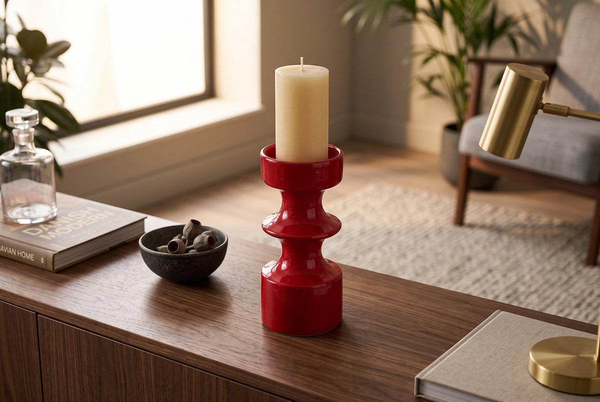 Vintage STEULER KERAMIK Glossy Red Candle Holder West German Pottery 1970s