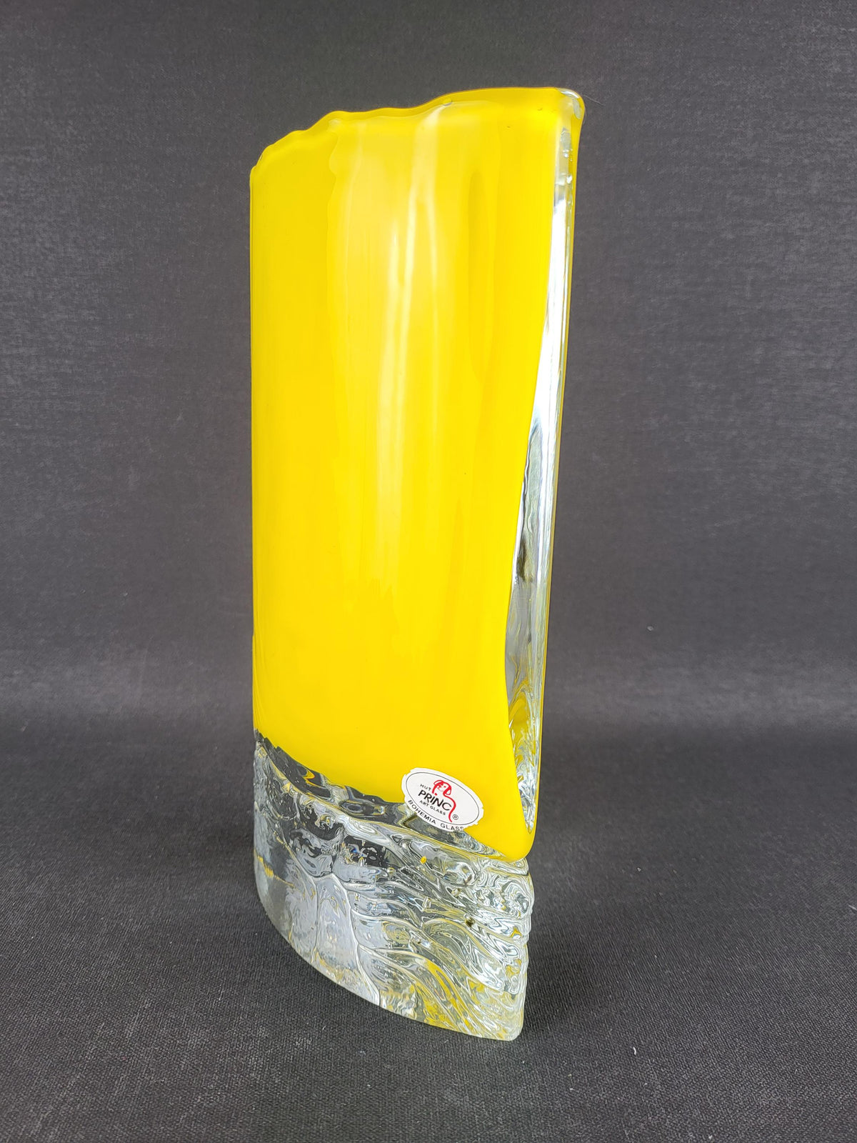 Vintage Petr Hora for HUT PRINC Yellow Art Glass Vase Signed Czech Bohemian Glass 1990s