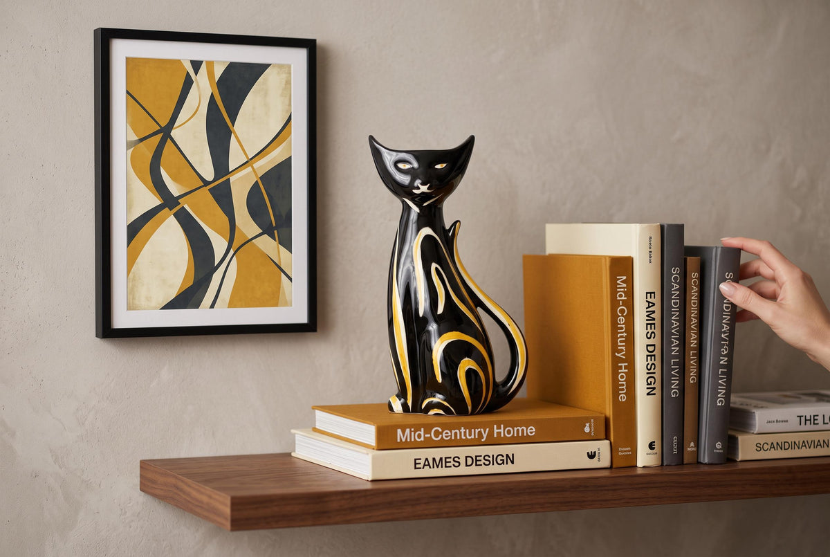 Vintage SCHMIDER KERAMIK Black and Yellow Tigris Cat Vase 4130 By Anneliese Beckh West German Pottery 1950s