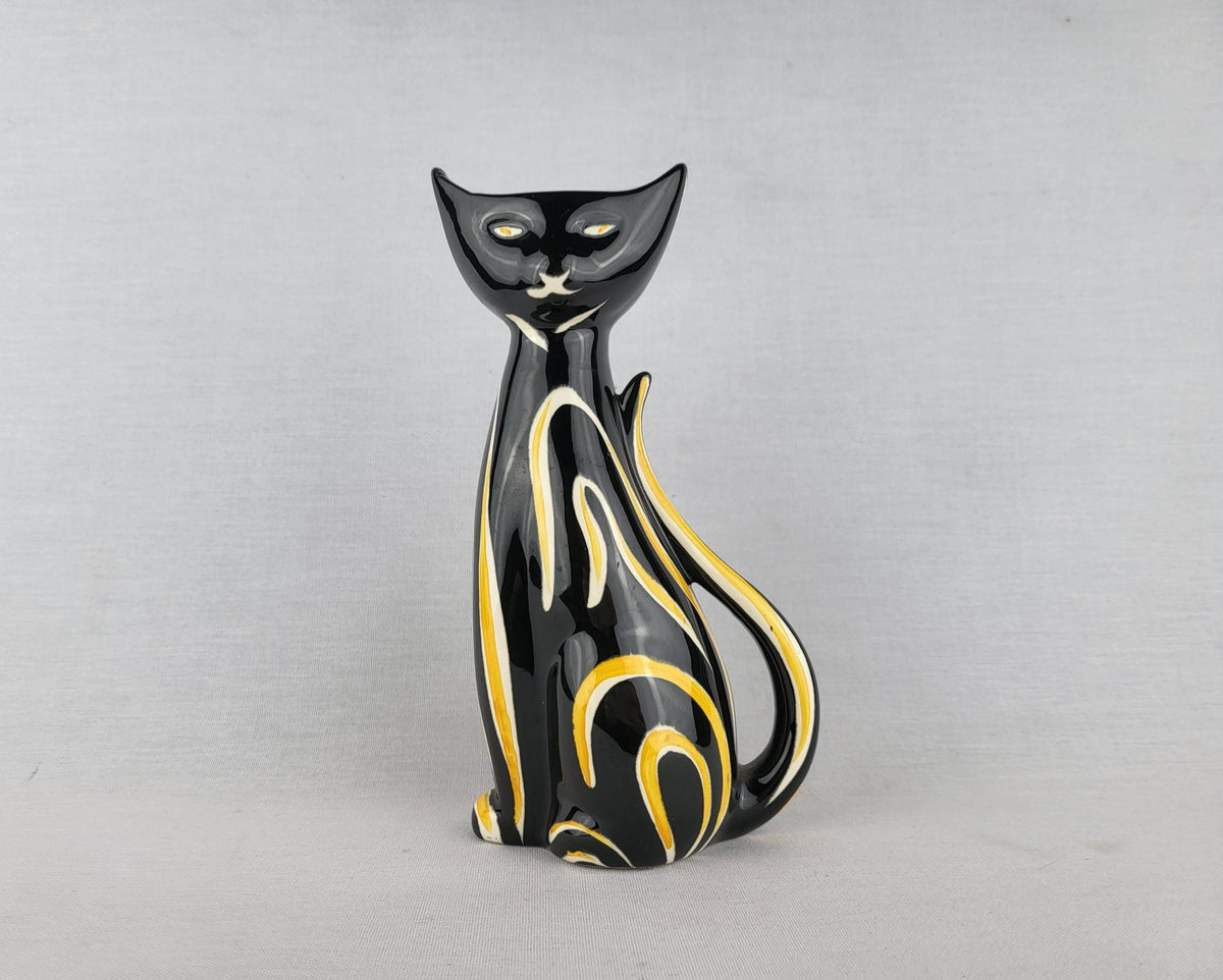 Vintage SCHMIDER KERAMIK Black and Yellow Tigris Cat Vase 4130 By Anneliese Beckh West German Pottery 1950s