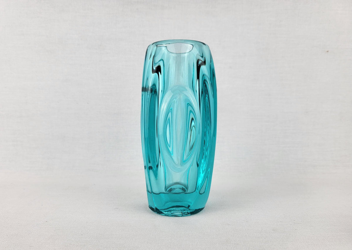 Vintage Czech Rosice Glass Works Lens / Bullet Blue Vase design by Rudolf Schrötter Sklo Union 1955