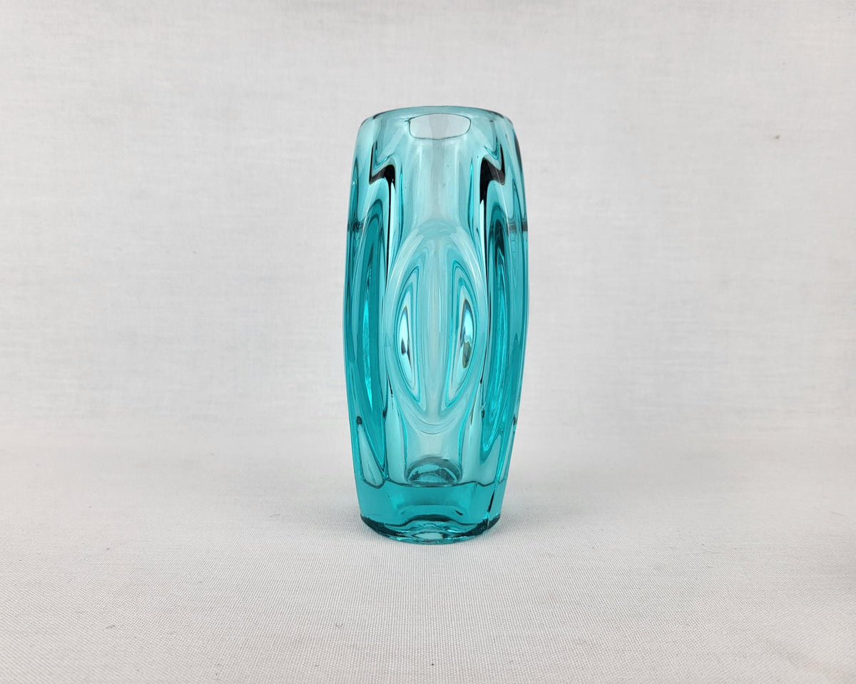 Vintage Czech Rosice Glass Works Lens / Bullet Blue Vase design by Rudolf Schrötter Sklo Union 1955