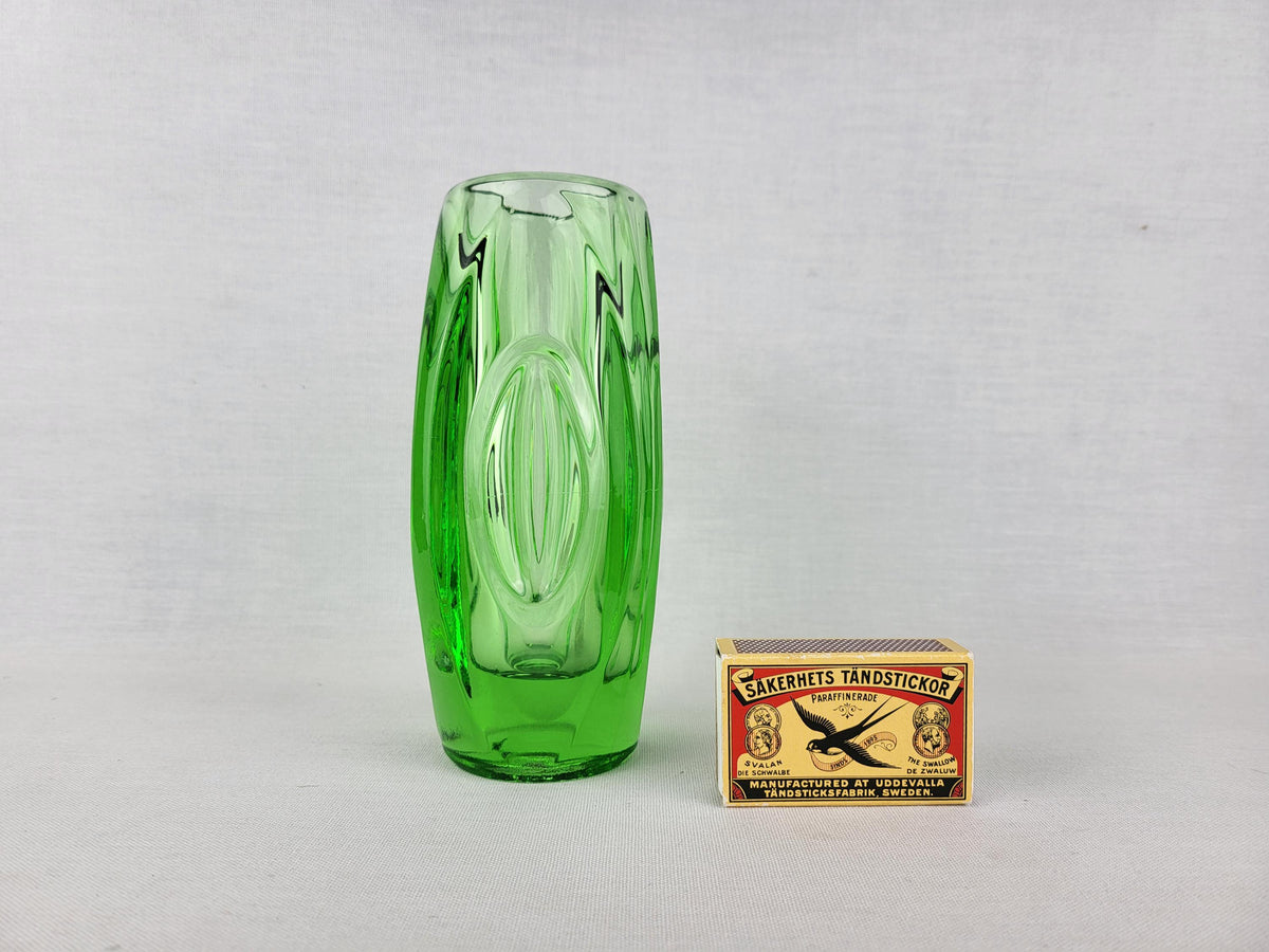 Vintage Czech Rosice Glass Works Lens / Bullet Green Vase design by Rudolf Schrötter Sklo Union 1955