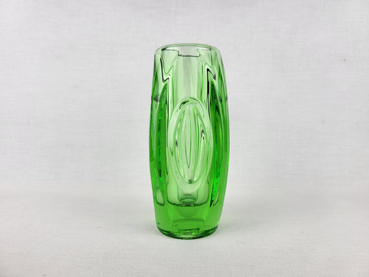 Vintage Czech Rosice Glass Works Lens / Bullet Green Vase design by Rudolf Schrötter Sklo Union 1955