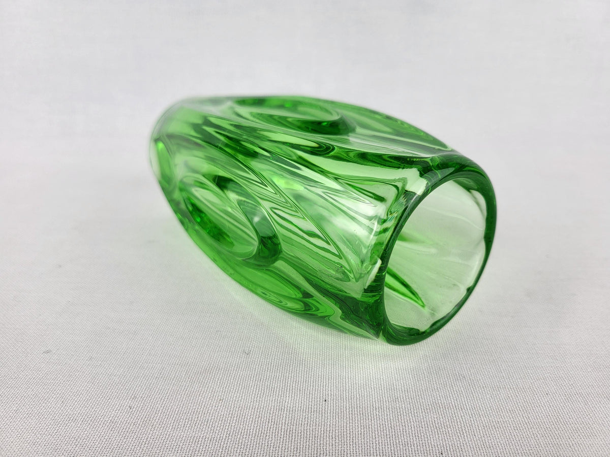 Vintage Czech Rosice Glass Works Lens / Bullet Green Vase design by Rudolf Schrötter Sklo Union 1955
