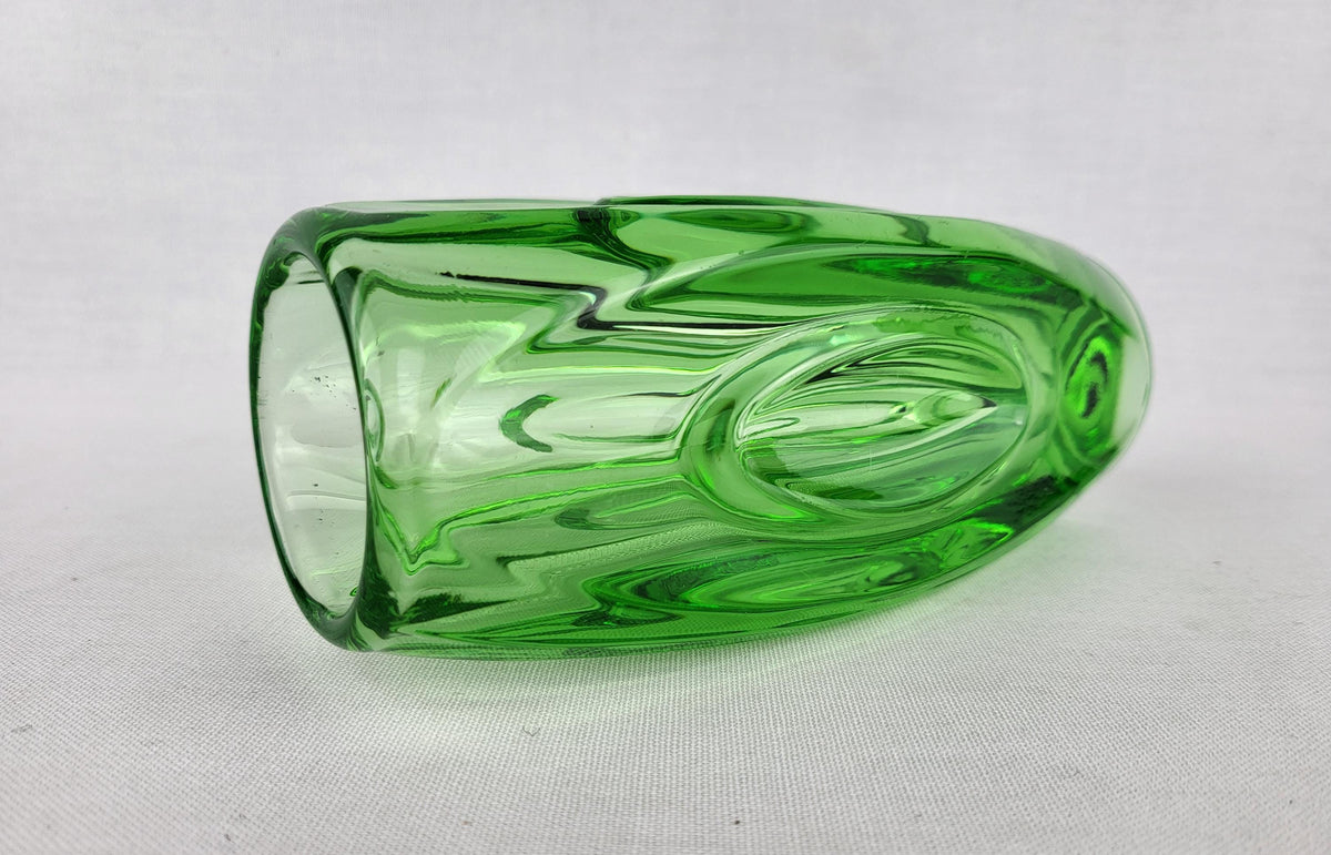 Vintage Czech Rosice Glass Works Lens / Bullet Green Vase design by Rudolf Schrötter Sklo Union 1955