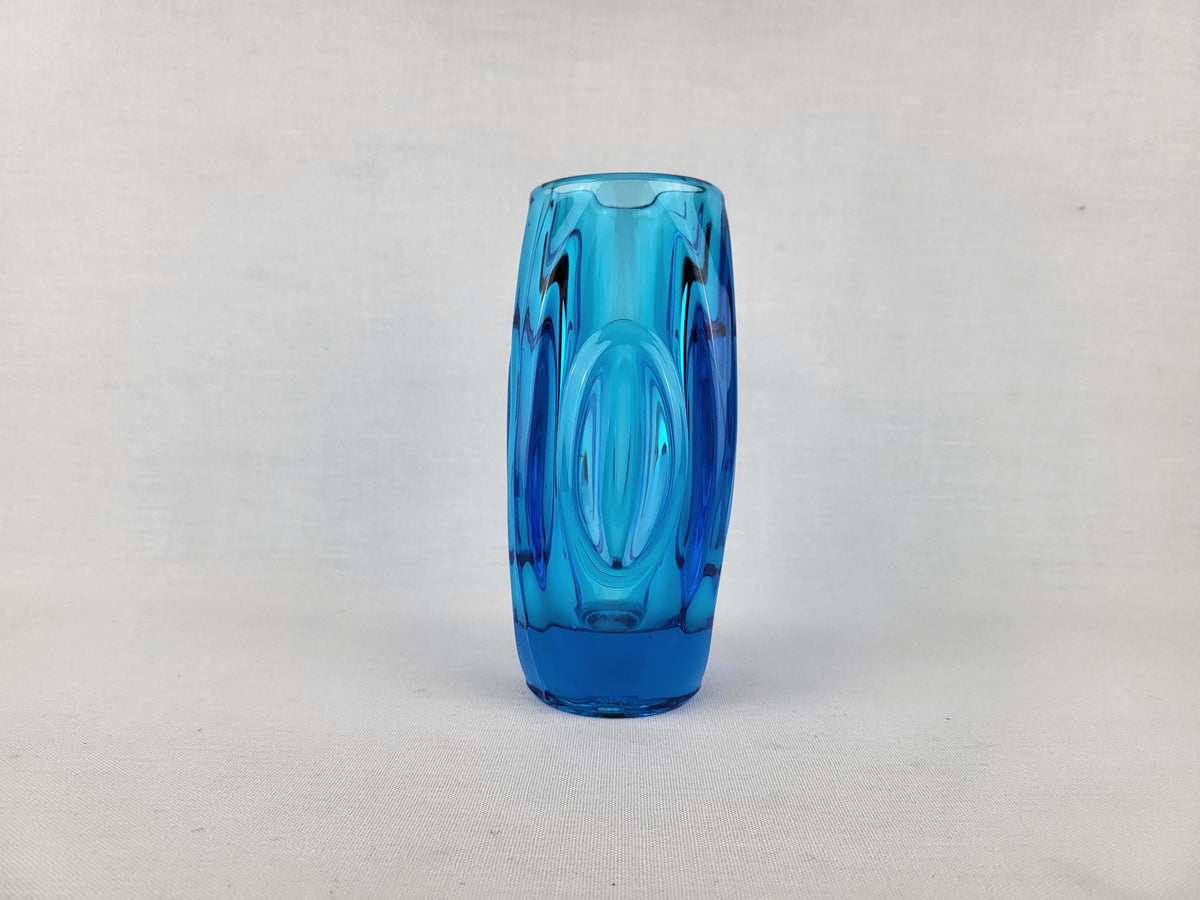 Vintage Czech Rosice Glass Works Lens / Bullet Blue Vase design by Rudolf Schrötter Sklo Union 1955