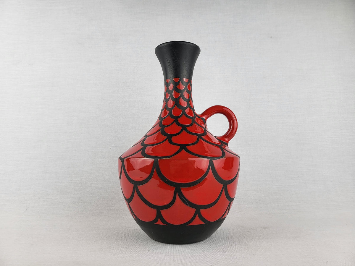 Vintage ALVINO BAGNI Matte Black Vase with Glossy Red Scale Decor Italian Pottery 1970s