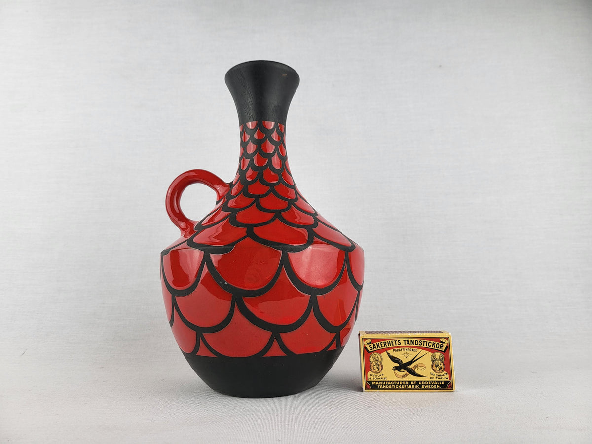 Vintage ALVINO BAGNI Matte Black Vase with Glossy Red Scale Decor Italian Pottery 1970s