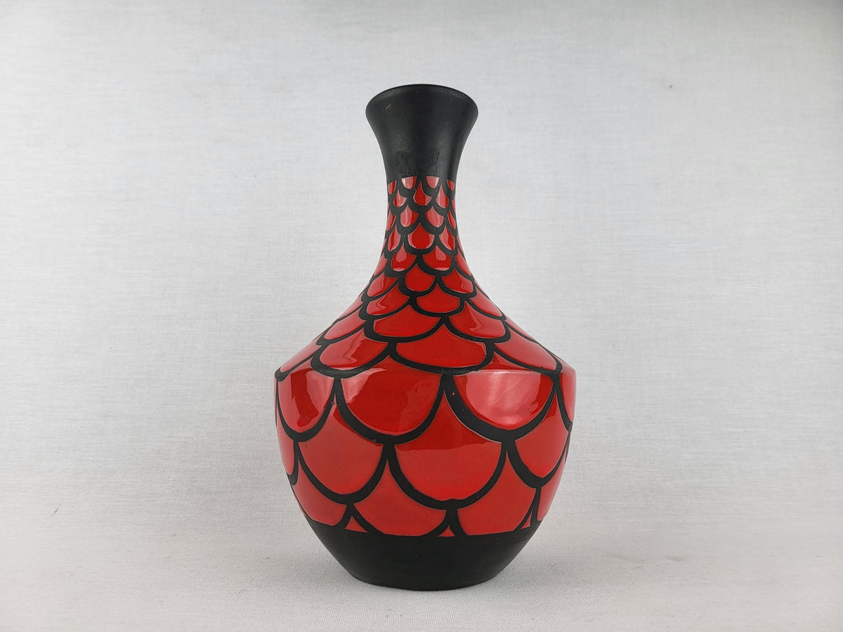 Vintage ALVINO BAGNI Matte Black Vase with Glossy Red Scale Decor Italian Pottery 1970s