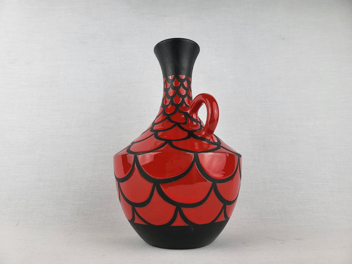 Vintage ALVINO BAGNI Matte Black Vase with Glossy Red Scale Decor Italian Pottery 1970s