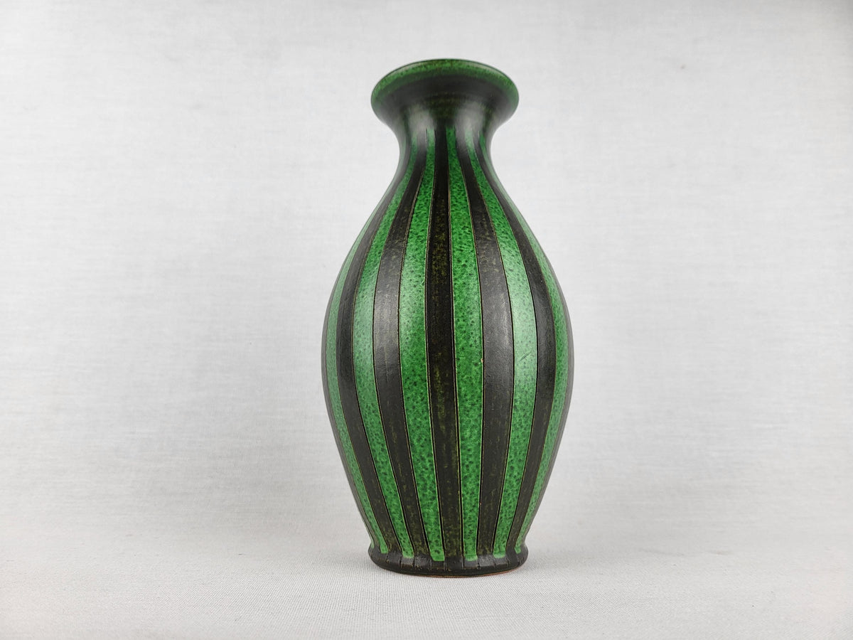 Vintage WILHELM KAGEL Green and Black Vase with Striped Decor West German Studio Pottery, 1970s