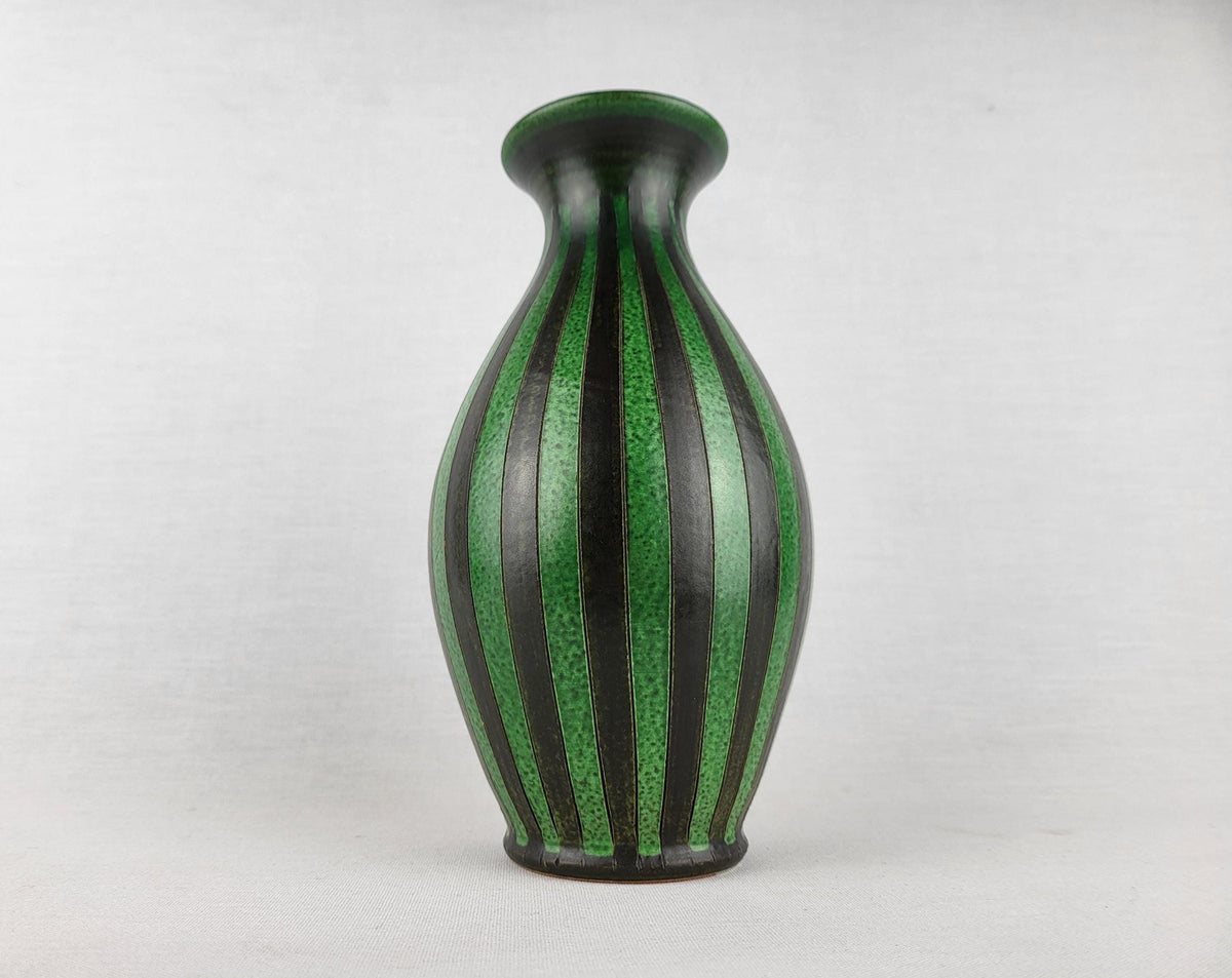 Vintage WILHELM KAGEL Green and Black Vase with Striped Decor West German Studio Pottery, 1970s