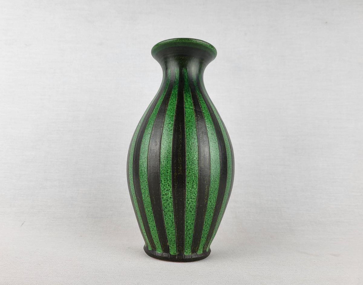 Vintage WILHELM KAGEL Green and Black Vase with Striped Decor West German Studio Pottery, 1970s