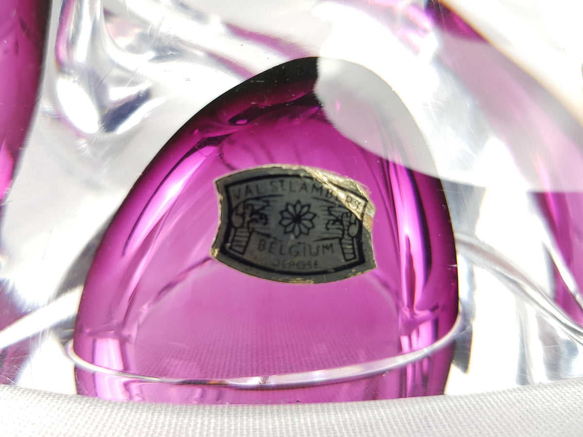 Vintage VAL ST. LAMBERT Fuchsia Crystal Swirl Glass Candle Holder Belgium 1950s 1960s