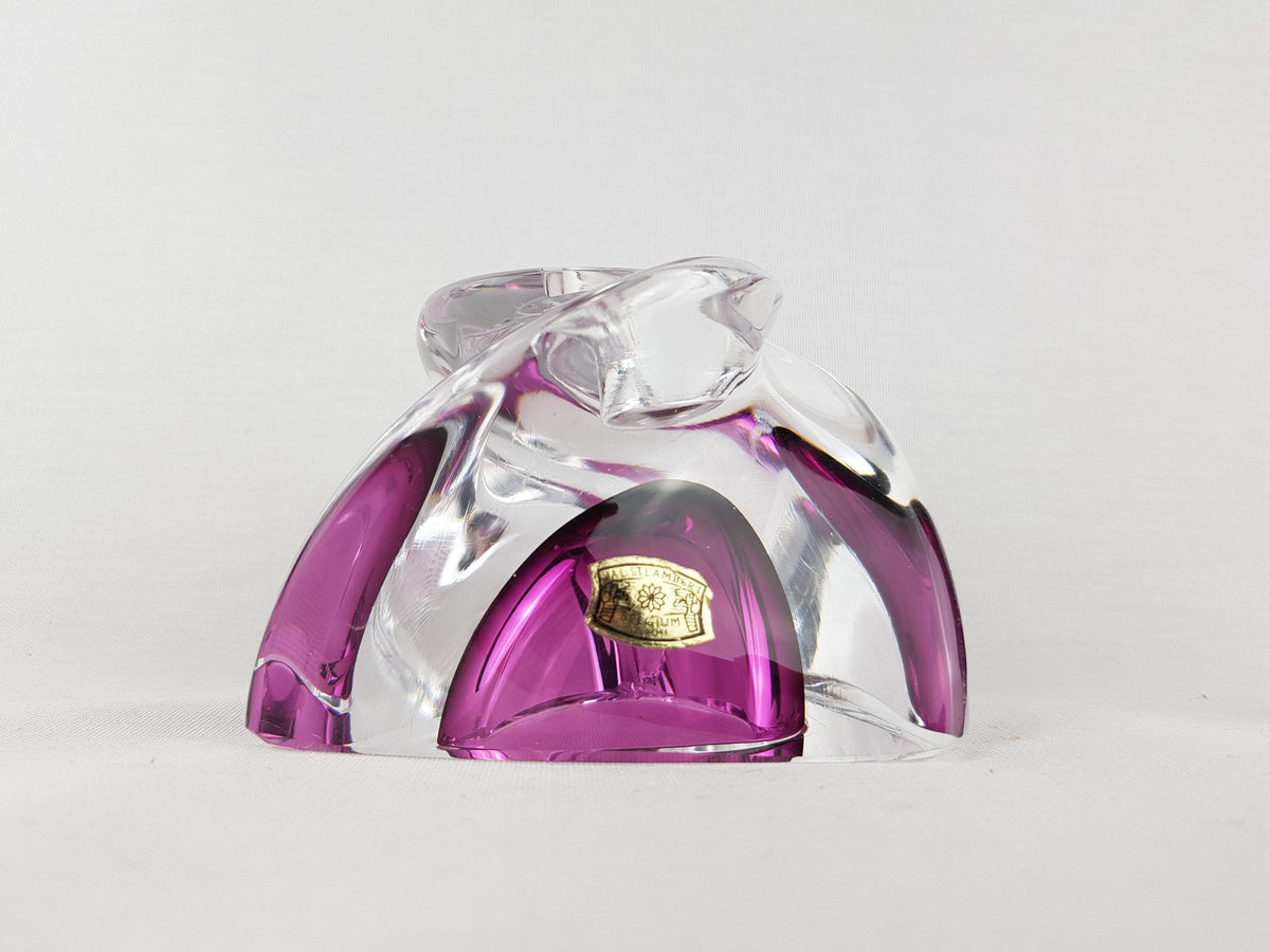 Vintage VAL ST. LAMBERT Fuchsia Crystal Swirl Glass Candle Holder Belgium 1950s 1960s