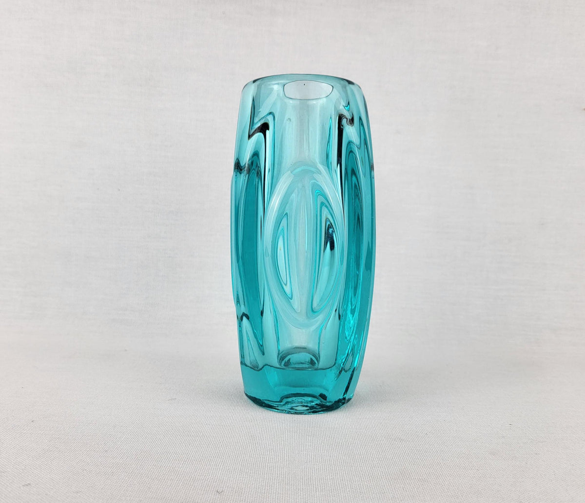 Vintage Czech Rosice Glass Works Lens / Bullet Blue Vase design by Rudolf Schrötter Sklo Union 1955