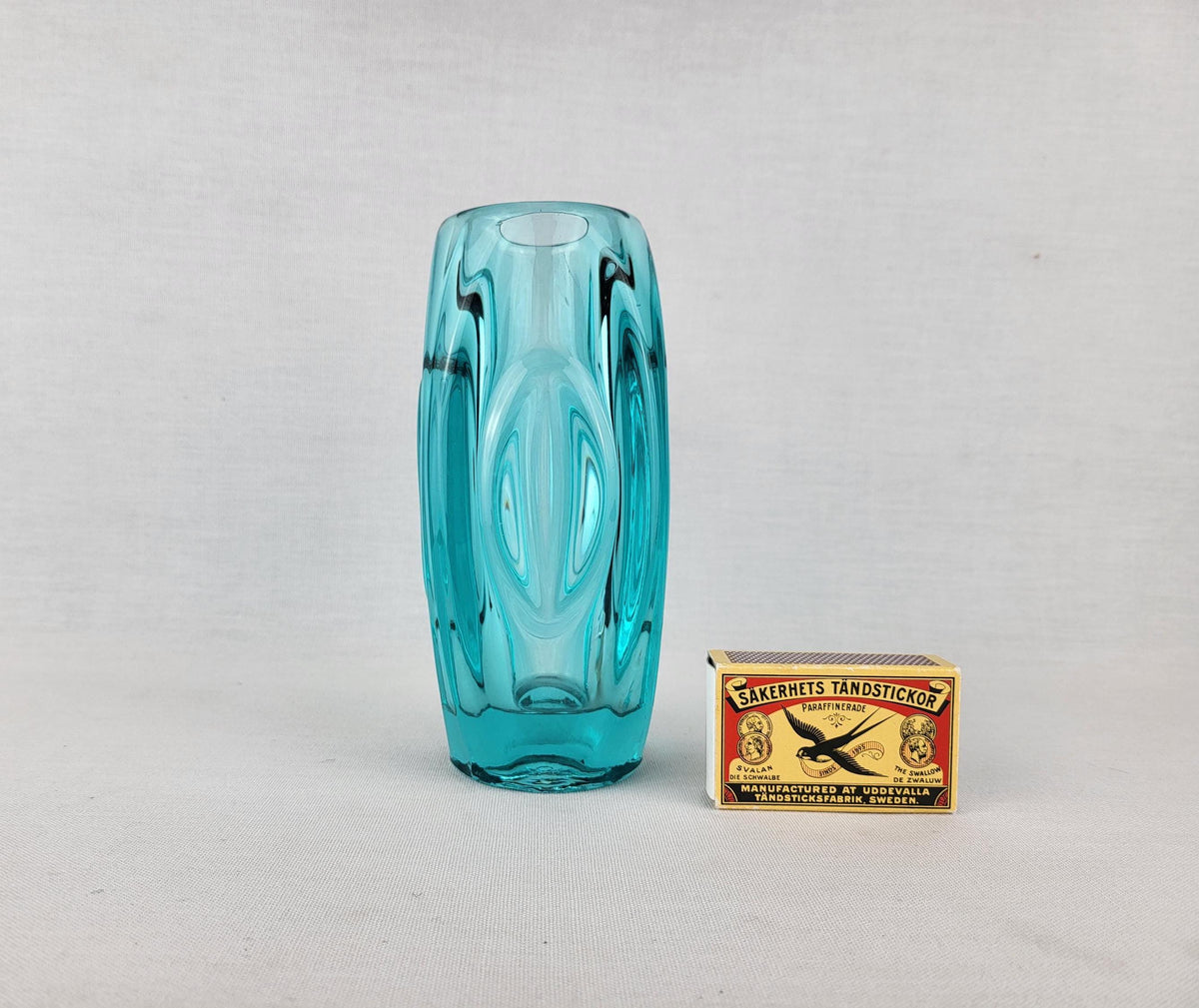 Vintage Czech Rosice Glass Works Lens / Bullet Blue Vase design by Rudolf Schrötter Sklo Union 1955