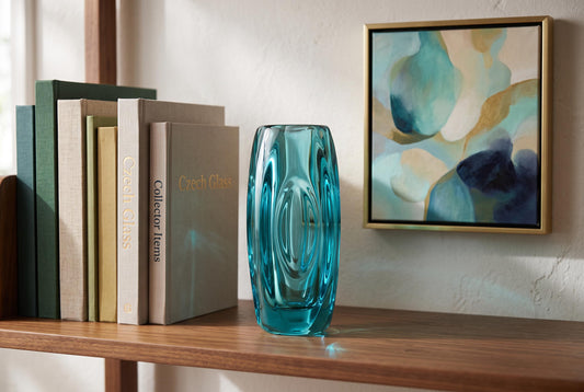 Vintage Czech Rosice Glass Works Lens / Bullet Blue Vase design by Rudolf Schrötter Sklo Union 1955