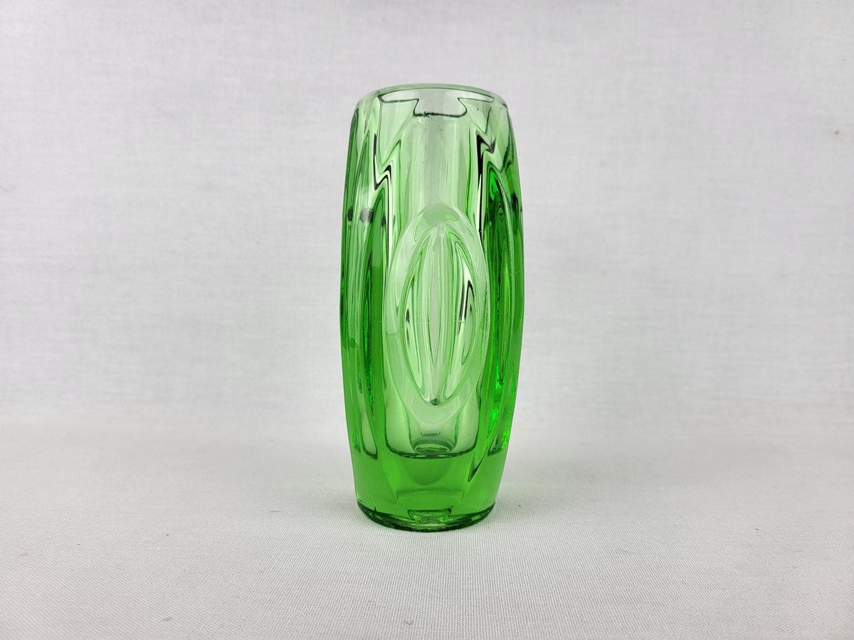 Vintage Czech Rosice Glass Works Lens / Bullet Green Vase design by Rudolf Schrötter Sklo Union 1955