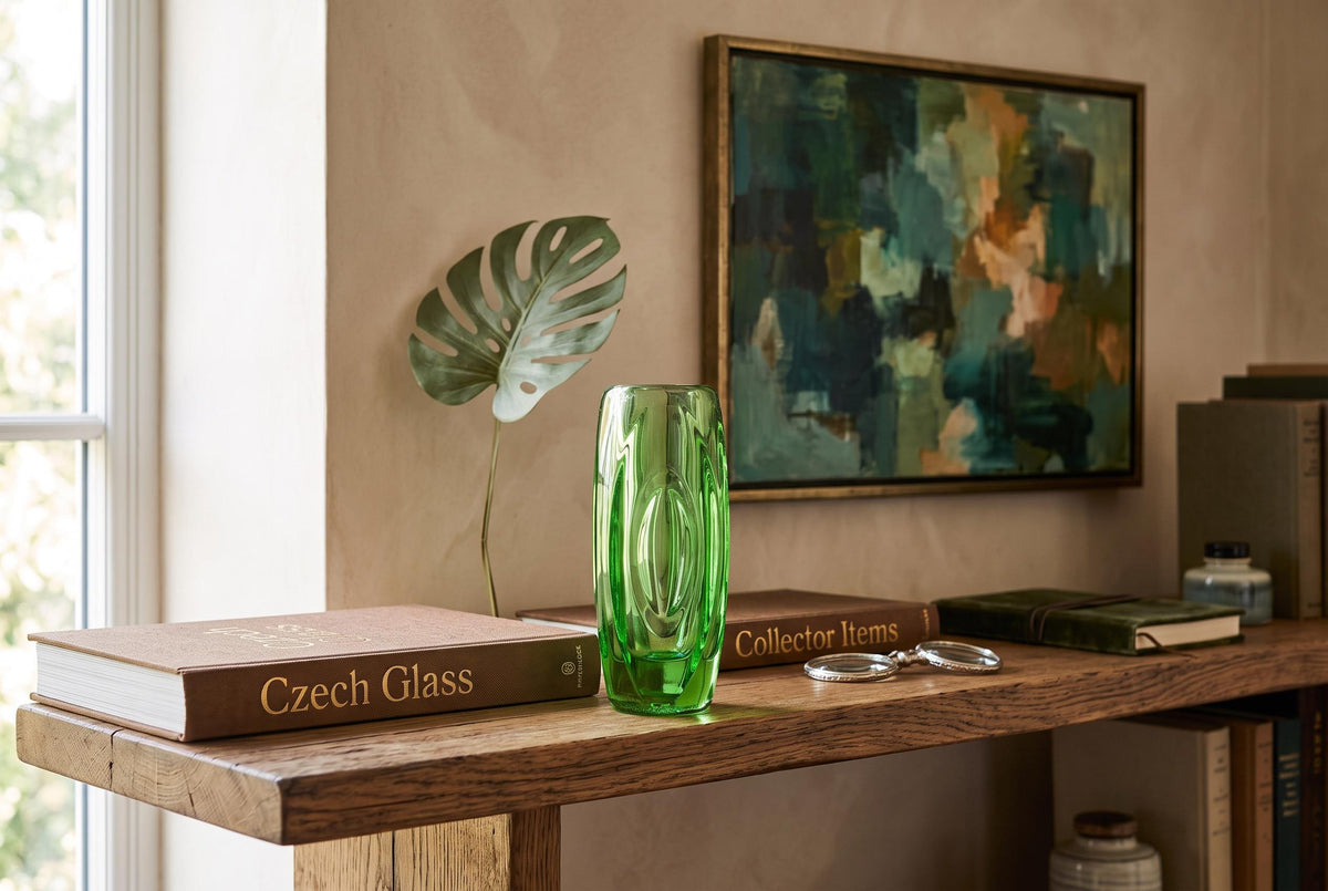 Vintage Czech Rosice Glass Works Lens / Bullet Green Vase design by Rudolf Schrötter Sklo Union 1955