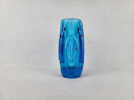 Vintage Czech Rosice Glass Works Lens / Bullet Blue Vase design by Rudolf Schrötter Sklo Union 1955
