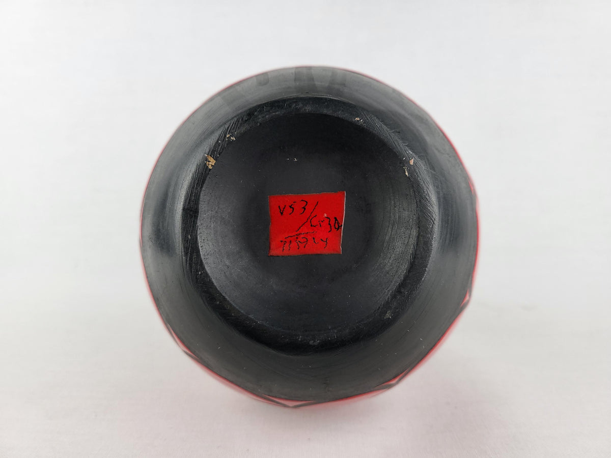 Vintage ALVINO BAGNI Matte Black Vase with Glossy Red Scale Decor Italian Pottery 1970s