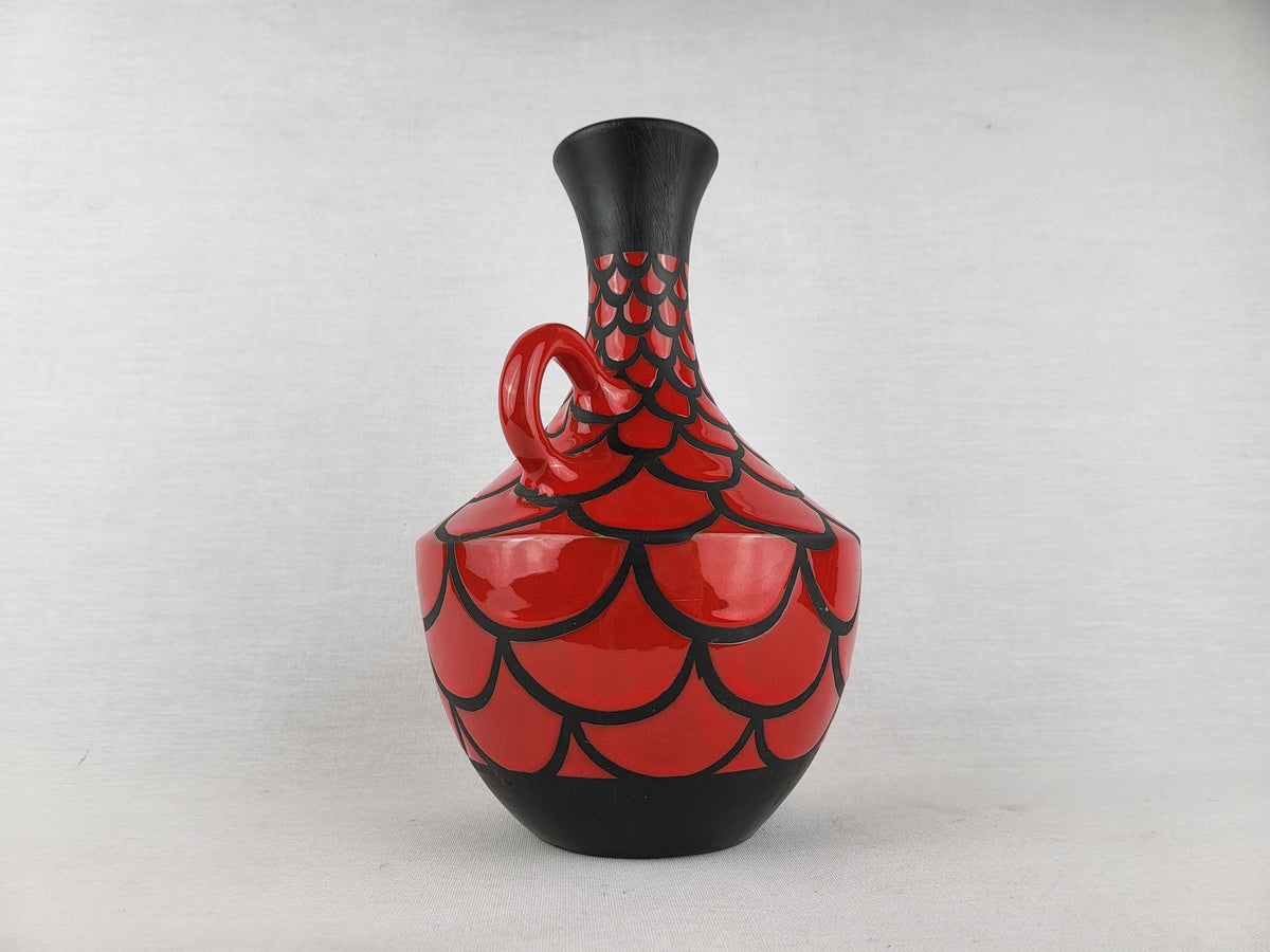 Vintage ALVINO BAGNI Matte Black Vase with Glossy Red Scale Decor Italian Pottery 1970s