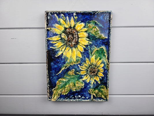 Vintage KARLSRUHER MAJOLIKA KERAMIK Wall Plaque Fliese Sonnenblumen Sun FLower Decor By Werner Meschede West German Pottery 1966-1978