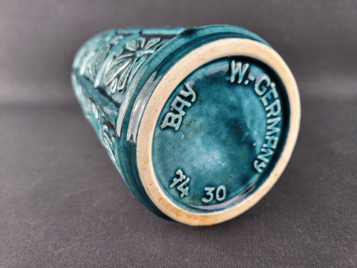 Vintage BAY KERAMIK Petrol Blue Relief Vase 74/30 West German Pottery 1960s