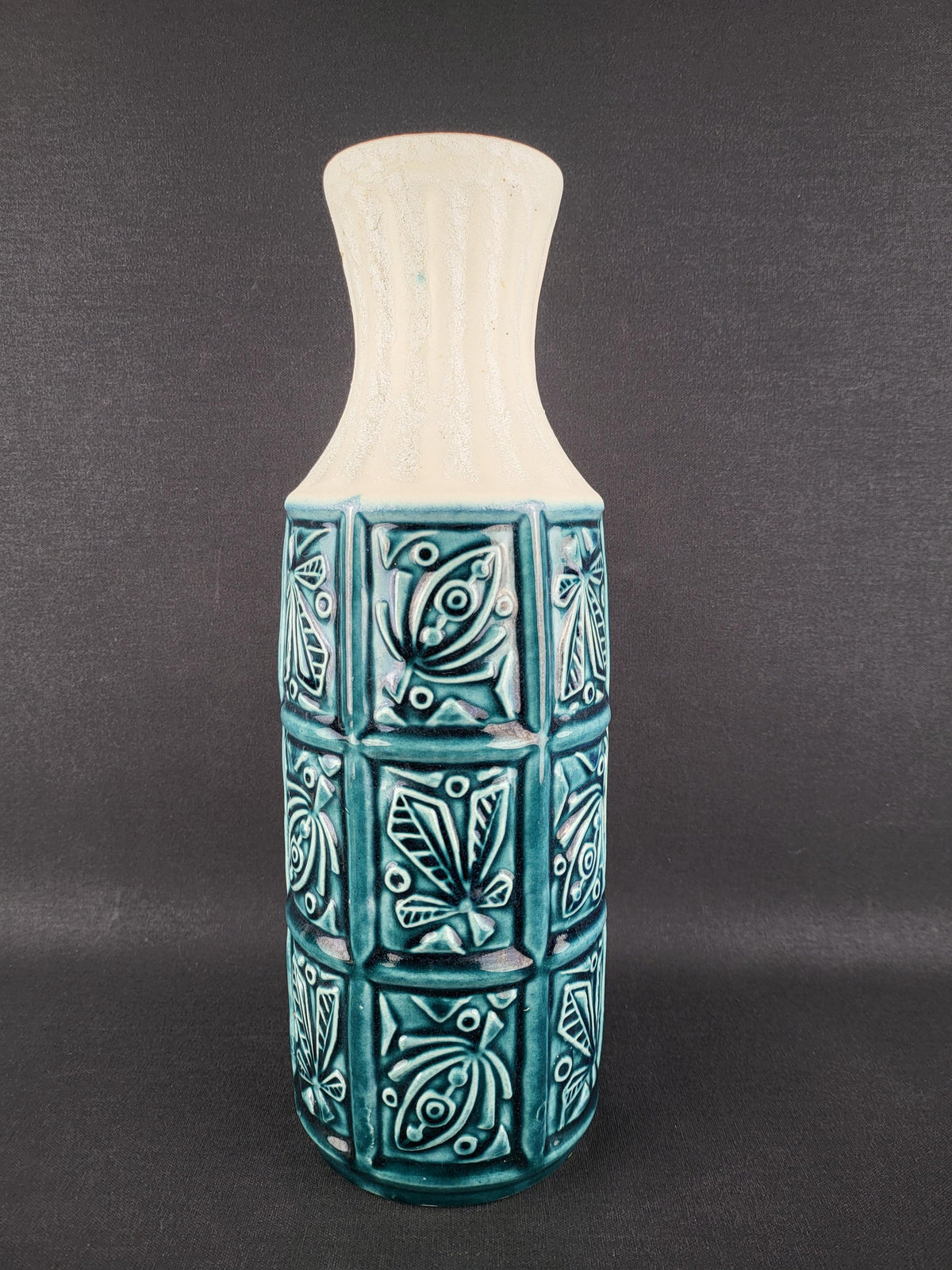 Vintage BAY KERAMIK Petrol Blue Relief Vase 74/30 West German Pottery 1960s