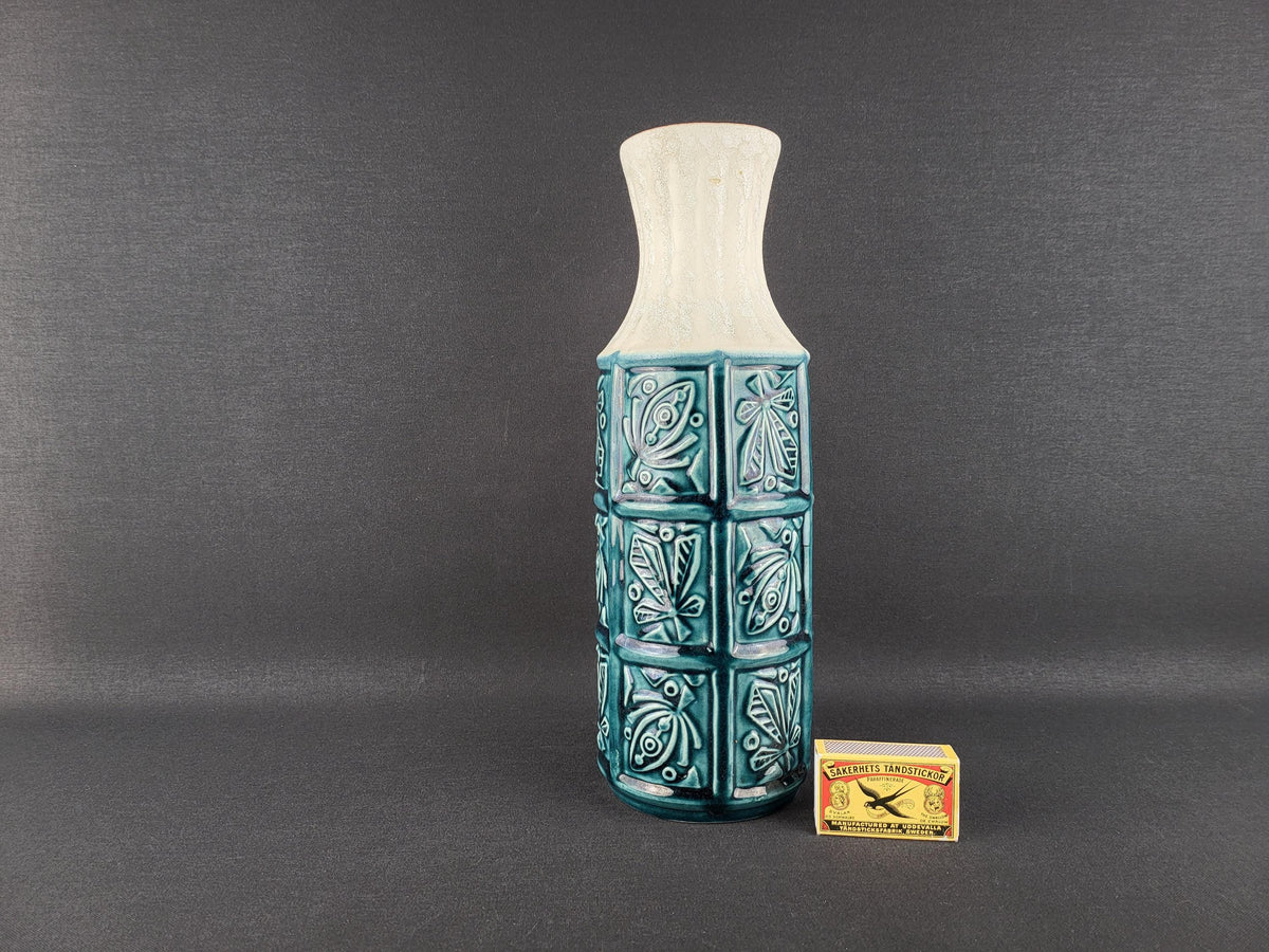Vintage BAY KERAMIK Petrol Blue Relief Vase 74/30 West German Pottery 1960s