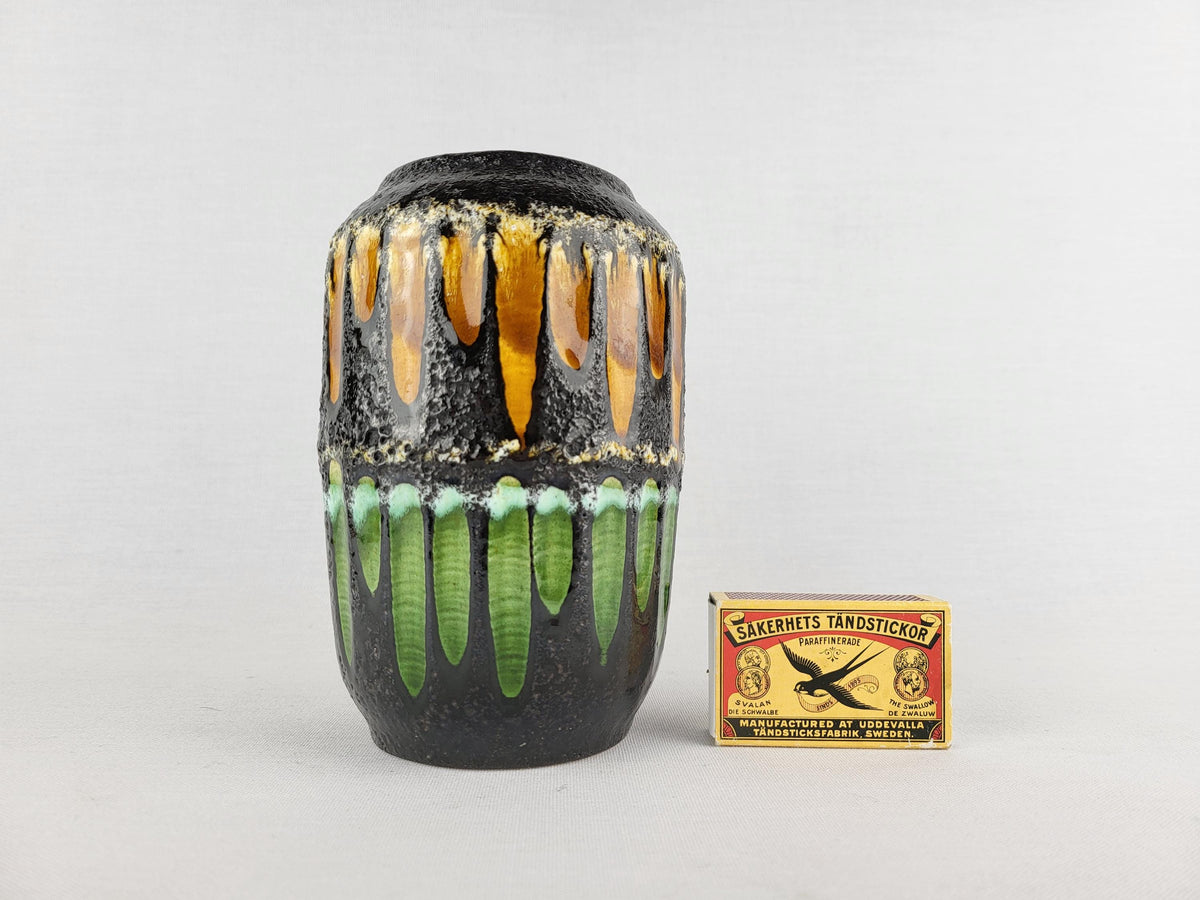 Vintage SCHEURICH KERAMIK Black, Green and Ocher Fat Lava Vase 238/14 West German Pottery 1970s