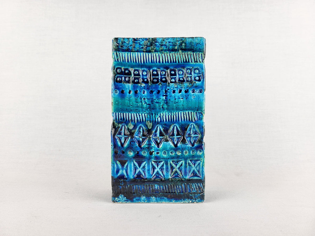 Vintage BITOSSI Rectangular Slab Vase with RIMINI BLU decor by Aldo Londi 727/15 Italian Pottery 1960-70s