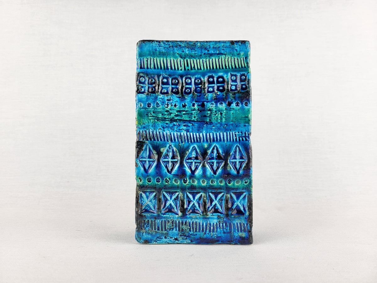 Vintage BITOSSI Rectangular Slab Vase with RIMINI BLU decor by Aldo Londi 727/15 Italian Pottery 1960-70s
