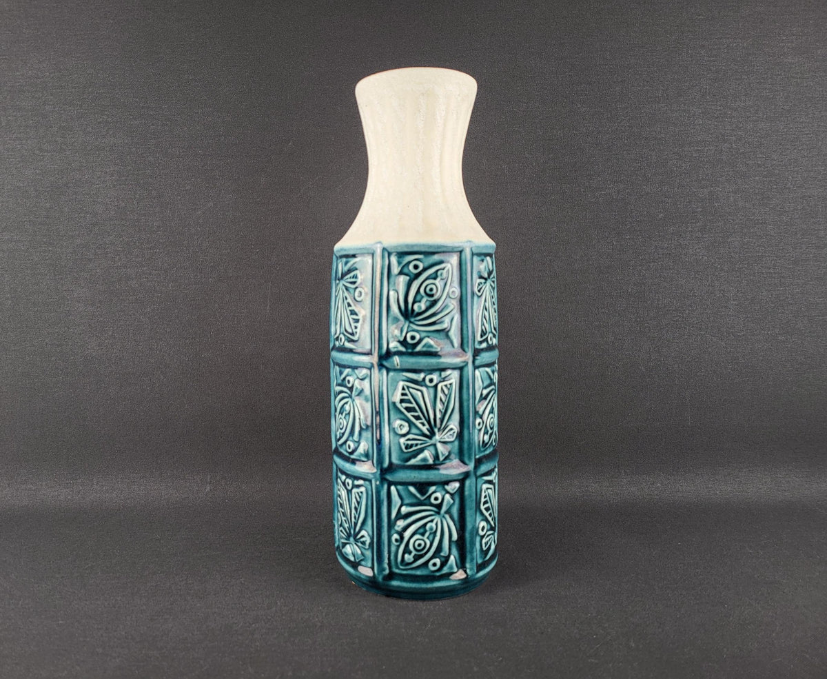 Vintage BAY KERAMIK Petrol Blue Relief Vase 74/30 West German Pottery 1960s