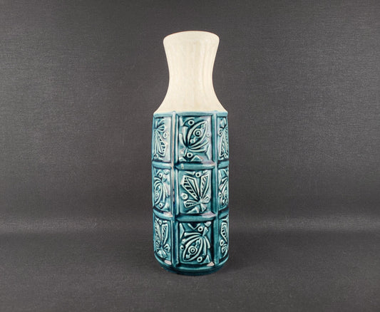 Vintage BAY KERAMIK Petrol Blue Relief Vase 74/30 West German Pottery 1960s