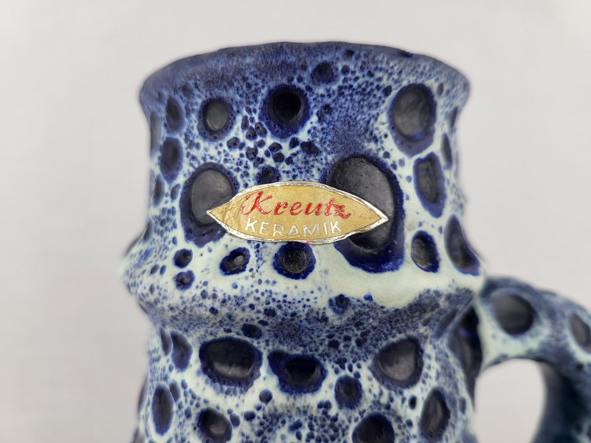 Vintage KREUTZ KERAMIK Blue White Fat Lava Jug Vase West German Pottery 1960s 1970s