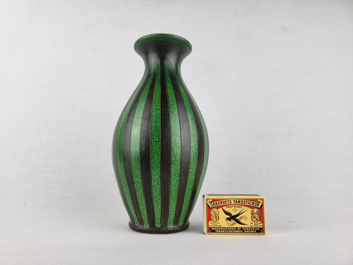 Vintage WILHELM KAGEL Green and Black Vase with Striped Decor West German Studio Pottery, 1970s