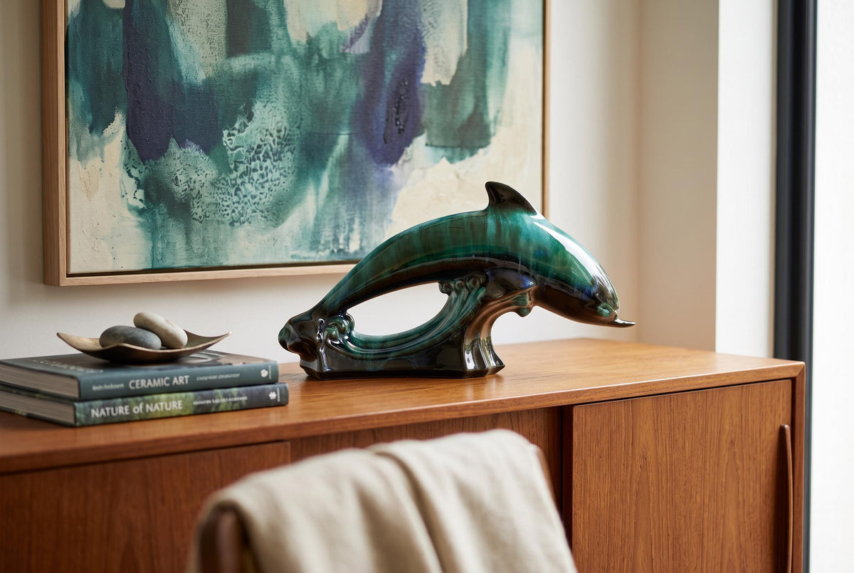 Vintage BLUE MOUNTAIN POTTERY Green and Black Dolphin Figurine Canada 1960s