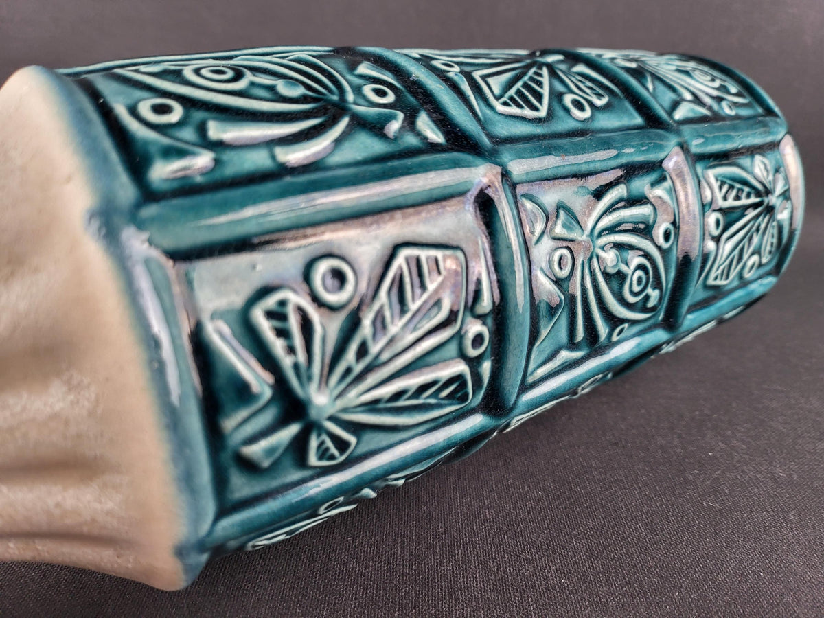 Vintage BAY KERAMIK Petrol Blue Relief Vase 74/30 West German Pottery 1960s