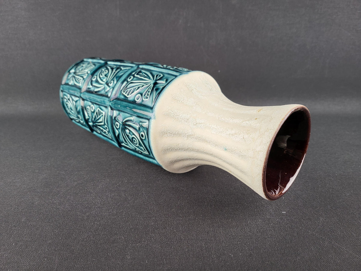 Vintage BAY KERAMIK Petrol Blue Relief Vase 74/30 West German Pottery 1960s