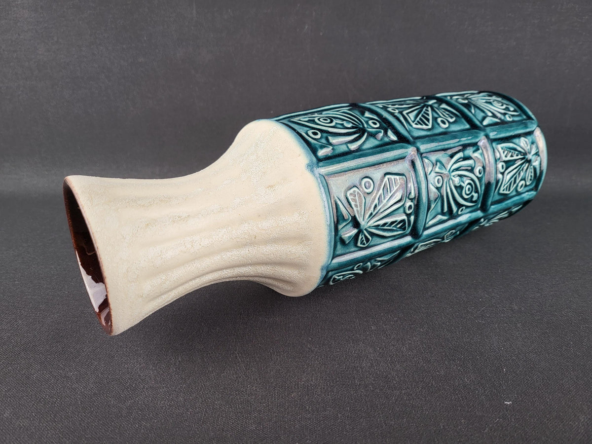 Vintage BAY KERAMIK Petrol Blue Relief Vase 74/30 West German Pottery 1960s