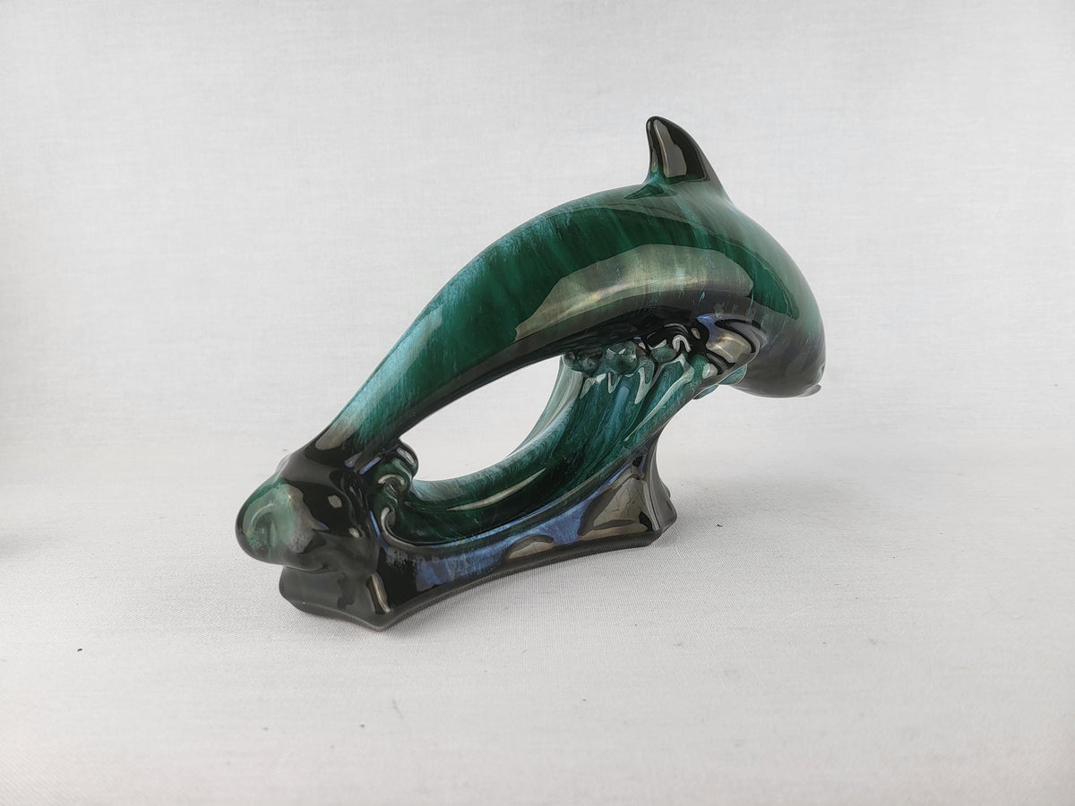 Vintage BLUE MOUNTAIN POTTERY Green and Black Dolphin Figurine Canada 1960s