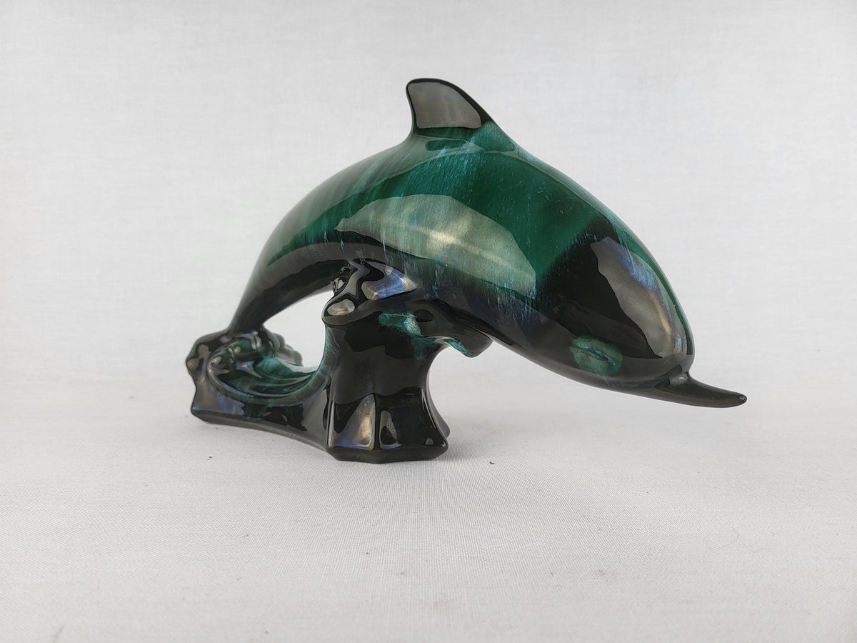 Vintage BLUE MOUNTAIN POTTERY Green and Black Dolphin Figurine Canada 1960s