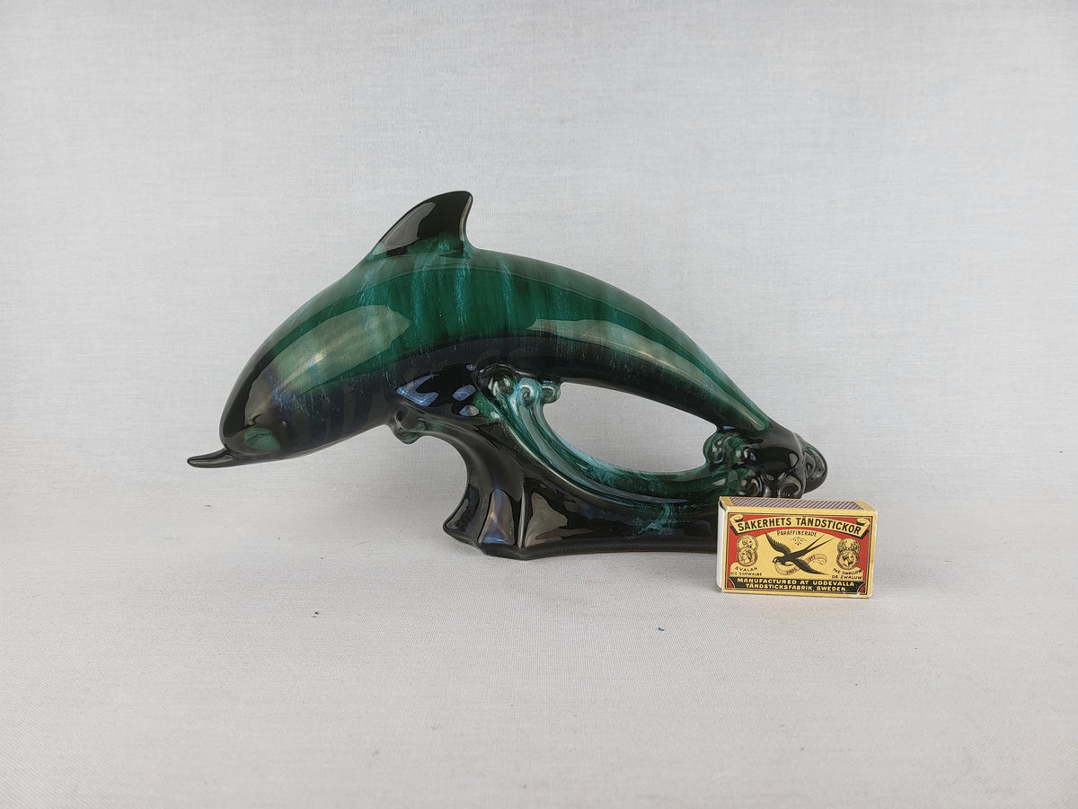 Vintage BLUE MOUNTAIN POTTERY Green and Black Dolphin Figurine Canada 1960s
